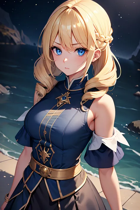 1girl, blond hair, Hair Drills shoulder heigh, blue eyes, wearing elegant blue shirt, black skirt, mage, island, absurdres, high res, ultrasharp, 8K, masterpiece, looking at viewer