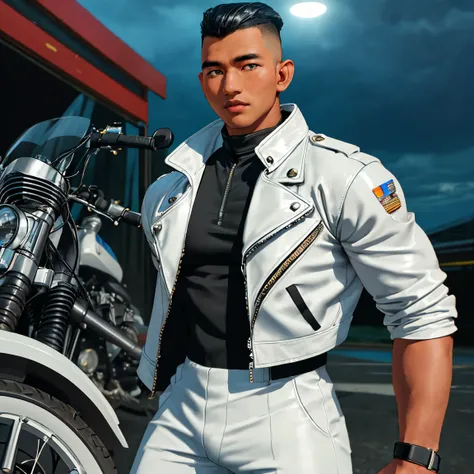 syahnk,front view ,1man,22 y.o very huge muscular man wearing white shirt in fit leather jacket,( visible huge pecs and bulging muscular arm in tight jacket,tight leather jacket,detailed jacket,handsome,masculine,military hair,high fade hair,whole body sho...