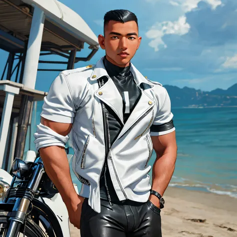 syahnk,front view ,1man,22 y.o very huge muscular man wearing white shirt in fit leather jacket,( visible huge pecs and bulging muscular arm in tight jacket,tight leather jacket,detailed jacket,handsome,masculine,military hair,high fade hair,whole body sho...