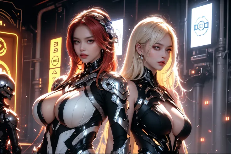 (masterpiece), best quality, expressive eyes, perfect face, beautiful details face, beautiful round eyes, full body, A beautiful mature woman in cyber armour suit shows her Extremely busty and attractive breasts, (arrogant face), (platinum red hair), (pixi...