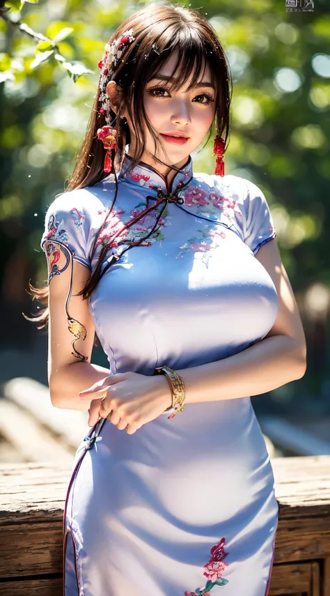 (Winters，Snowy landscape)，(detailed luxury cheongsam、Exquisite embroidery all over the body、A bracelet:1.5)、depth of fields，Real Light，Ray traching，OC Renderer，UE5 Renderer，Hyper-realistic，best qualtiy，28 year old、Solo、Semi-long brown hair、(8K、Best Quality...