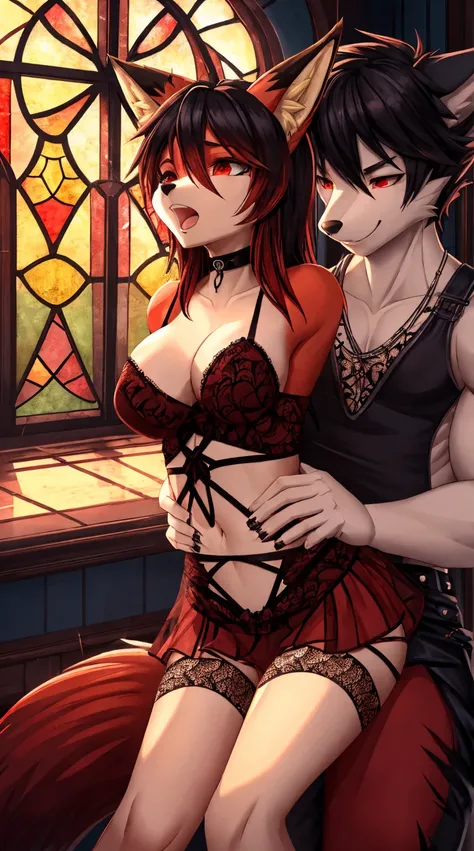 (best quality, high res, masterpiece:1.2),ultra-detailed, foxy girl, black hair with blood red highlights, detailed fox snout, distinct fox ears, vibrant orange fur, edgy punk hairstyle, lace gothic attire, exposed breasts, well-defined abdominal muscles, ...