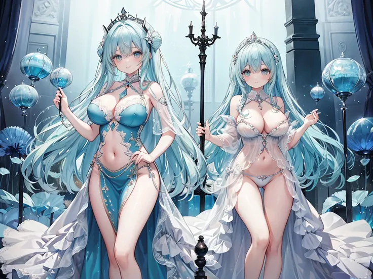 1 woman、Hair that shines like pale aquamarine、fluffy and soft hair、Sparkling aquamarine eyes、爆乳、Too large breasts、Seductive breasts、Lace dress、Goddess dress、Tiara of the Goddess、goddess god々Feeling、lace cape、aquamarine choker、Castle Room、Long Lace Bale、Ruf...