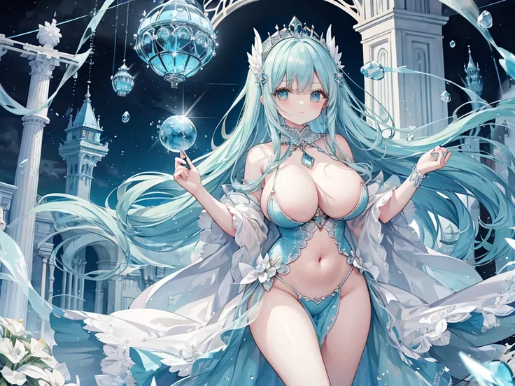 1 woman、Hair that shines like pale aquamarine、fluffy and soft hair、Sparkling aquamarine eyes、爆乳、Too large breasts、Seductive breasts、Lace dress、Goddess dress、Tiara of the Goddess、goddess god々Feeling、lace cape、aquamarine choker、Castle Room、Long Lace Bale、Ruf...