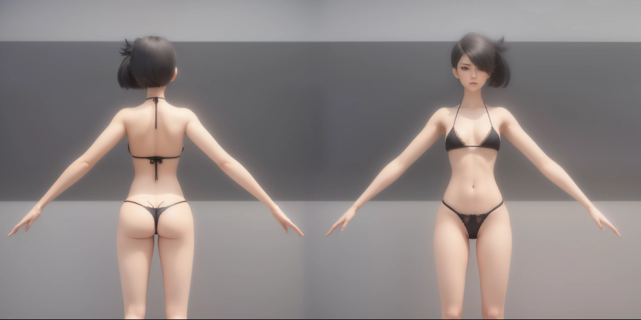 (Masterpiece, best quality: 1.2), (Super detailed), (Illustration), detailed face, a close up of a woman in a black lace bikini, oppai proportions, butt proportions, whole body highly detailed, complete detailed body, realistically proportioned body, anime...