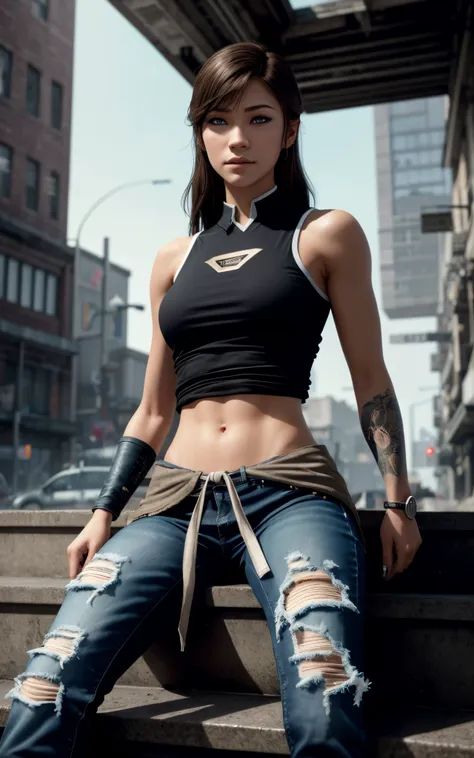 korra with the face of zendaya ,sitting on some stairs, ripped jeans, tank top, upshirt, ((pulls up her shirt)) , slightly muscu...