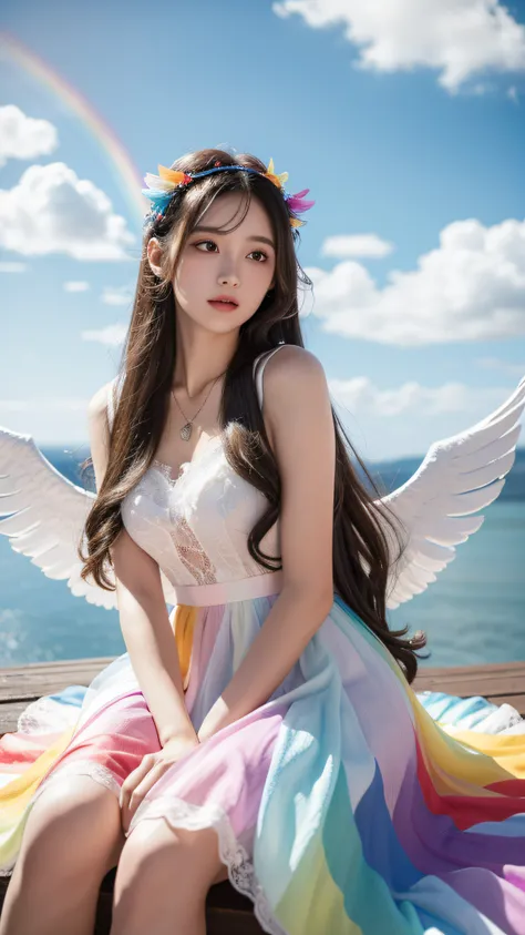 1 Girl, solo, long hair, raimbow dress, transparent lace, pairs of raimbow bird wings on head, necklace, Cloudy background, Colorful clouds, in the sky, ((Best quality)), ((highly-detailing)), (Detailed face), (offcial art), attractive poses, sitting,