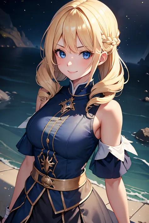 1girls, blondes Haar, Haarbohrer schulterhoch, blaue Augen, smiling , wearing an elegant blue shirt, schwarzer Rock, Magier, Insel, absurdres, hight resolution, ultrascharf, 8K, Meisterwerk, Blick auf den Betrachter