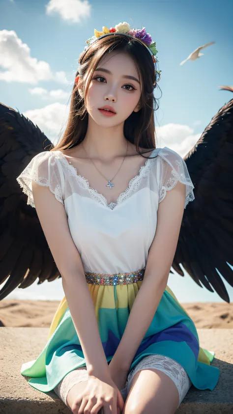 1 Girl, solo, long hair, raimbow dress, transparent lace, pairs of raimbow bird wings on head, necklace, Cloudy background, Colorful clouds, in the sky, ((Best quality)), ((highly-detailing)), (Detailed face), (offcial art), attractive poses, sitting,