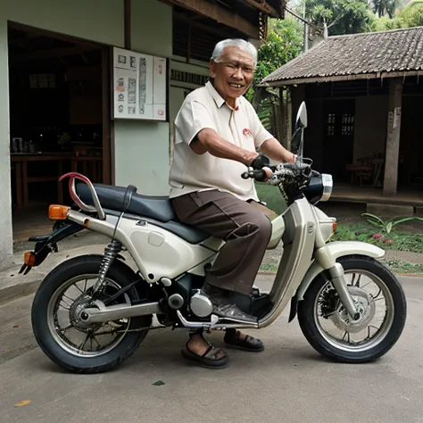 Old Malay man, ride Honda cub c70, Malay village vibe, realistic, race