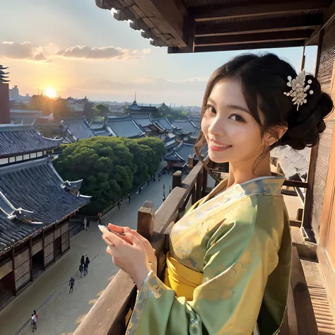 ((top-quality、masutepiece、8K、Top image quality、Very complex and detailed details、big bright sunset、Very high saturation))、(1 photo:1.7)、(The whole picture:1.7)、(the princess is near、A deep Heian period townscape:1.7)、(Close-up photo of a woman :1.5)、(Take ...