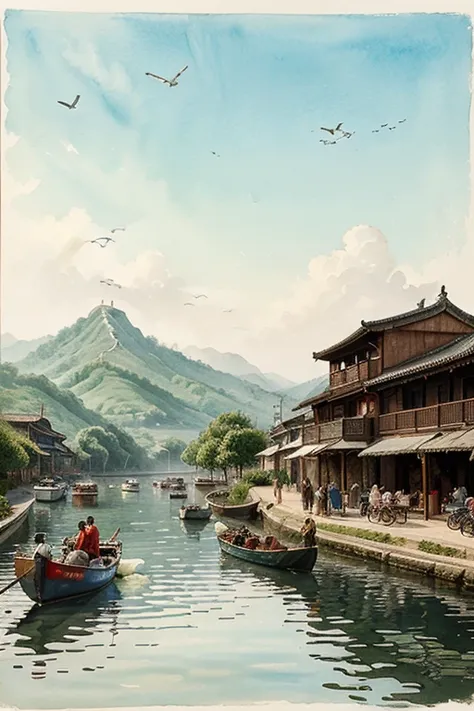 ink and watercolor painting，China-style，Three gorges、High hills、rios、A flock of birds in the sky，there are large and small，Fly far away slowly，Fishing boats on the river，Fishermen punting on fishing boat