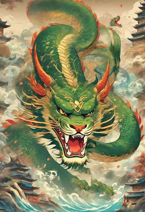 filmposter，The sacred beast of Shan Hai Jing，Green Dragon，The body is shaped like a long snake，The head is shaped like a unicorn，The tail is like a carp。It has long whiskers on its face，The horns are like deer，There are five claws，Overall appearance is mig...