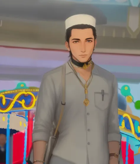 arafed man standing in front of a carousel in a carnival, profile pic, mohamed chahin, riyahd cassiem, very very low quality picture, kyza saleem, khyzyl saleem, ash thorp khyzyl saleem, taken in the early 2020s, profile picture 1024px, profile picture