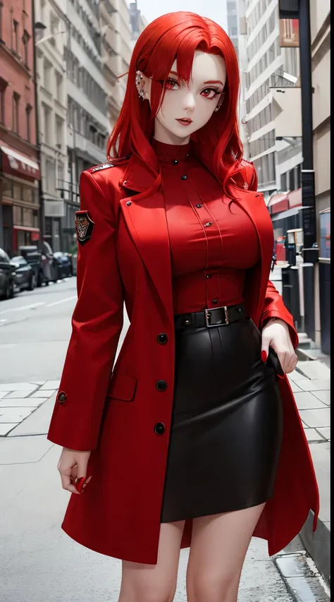 woman with red hair and piercing looks at the camera, she has red hair, crimson-red hair and red eyes, official costume, beige coat, detective , with red hair, with red glowing eyes, Adult woman 38 years old.., closed clothing