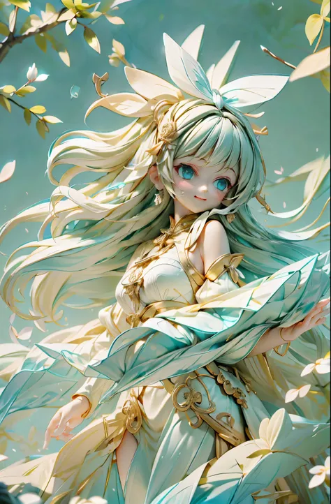 Floating hair and detailed mouth,A smile、The girl wears a white hair ribbon with a black border。、magical little girl、intricate detailes、doress、clear and beautiful、full body Esbian、The most detailed girls、thick thight、Slouched、Beautiful detailed whole body、...