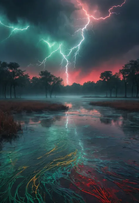 32k hires best quality professional photograph, green mist swamp, sky holographic lightning storm, frozen water with sliver filigree intricated  waves, virtual radiant ethnic geometric pattern, blue and red and black and gold, swamp background