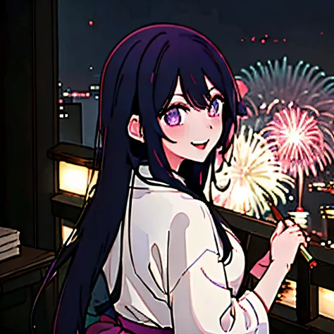 fireworks background at night, Hoshino Ai, yukata, If you look back to the front, you are smiling. The black sky takes up almost the entire background.