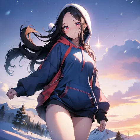 (masutepiece,Best Quality,8K),(extremely detailed CG1.1),teens girl,Smile,large boob,(From below:1.2),Intricate details , Hyper realistic, Perfect Anatomy,A dark-haired,Red Eyes,(((Forehead))),Permed hair with wavy hair,(((length hair))),Hair over one eye,...