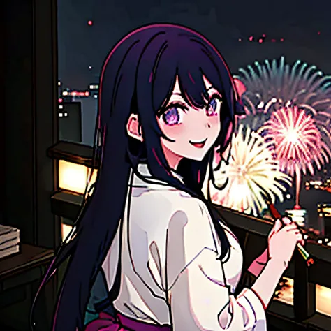 fireworks background at night, Hoshino Ai, yukata, If you look back to the front, you are smiling. The black sky takes up almost the entire background.