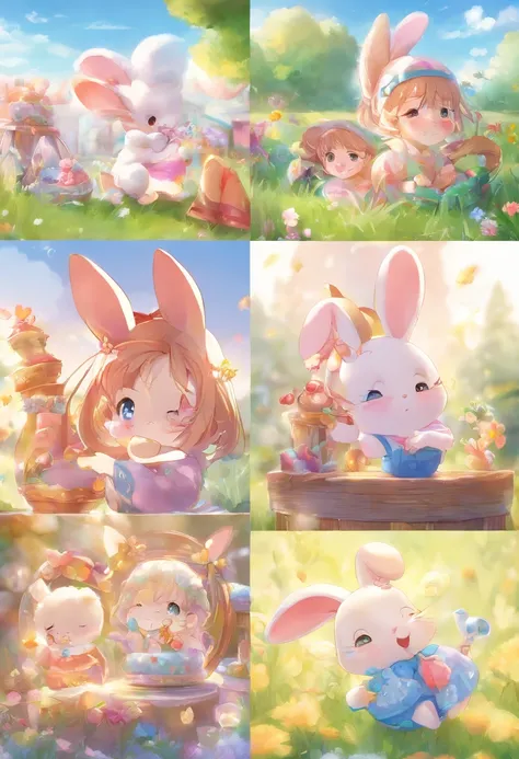 Little bunny animals，adolable，Animal children illustration，glowing effect，depth of fields，to emphasize，Real light，ray traycing，oc rendered，hyper realisitc，Best quality，8K，Works of masters，ultradetailed，Correct anatomy，Eyes in focus