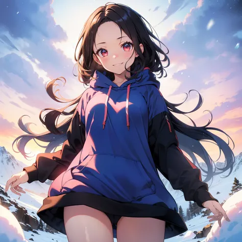 (masutepiece,Best Quality,8K),(extremely detailed CG1.1),teens girl,Smile,large boob,(From below:1.2),Intricate details , Hyper realistic, Perfect Anatomy,A dark-haired,Red Eyes,(((Forehead))),Permed hair with wavy hair,(((length hair))),Hair over one eye,...