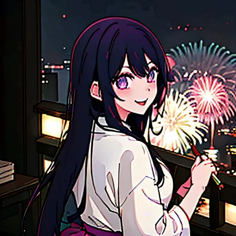 fireworks background at night, Hoshino Ai, yukata, If you look back to the front, you are smiling. The black sky takes up almost the entire background.