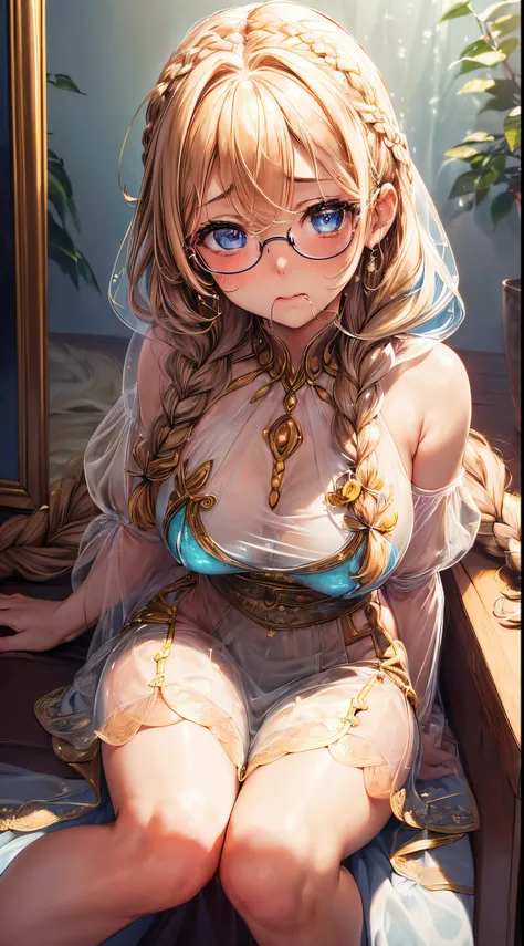 1womanl,Golden head hair, ,((Impatient expression)),Beautiful breasts,thin white tube top,well-styled,,(Facing the front)(((Blushing cheeks、Surprised look)),(((Braids))),((( Portrait from the knee up)))Frameless glasses,Blue eyes,(Bangs are aligned)(((see ...