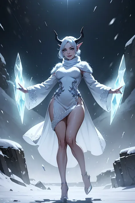 full length view of young smiling female ice demon, wearing heels, with horns, controlling blizzard with her arms and body in dynamic motion, surrounded by blizzard and ice, cold winter themed, hyper detailed, cinematic light, endless melody