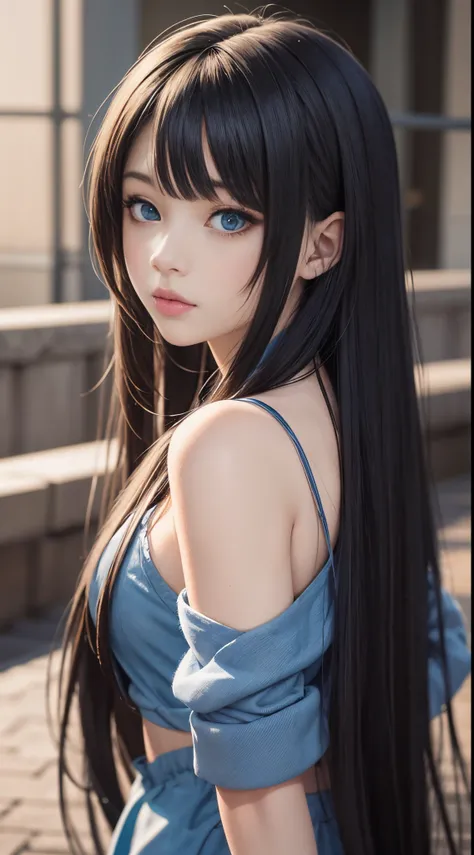 Anime girl with long black hair and blue eyes，smooth anime cg art，realistic anime 3D style，Realistic anime art style，detailed digital anime art，Digital anime illustration，Realistic anime art style，kawaii realistic portrait，detailed portrait of an anime gir...