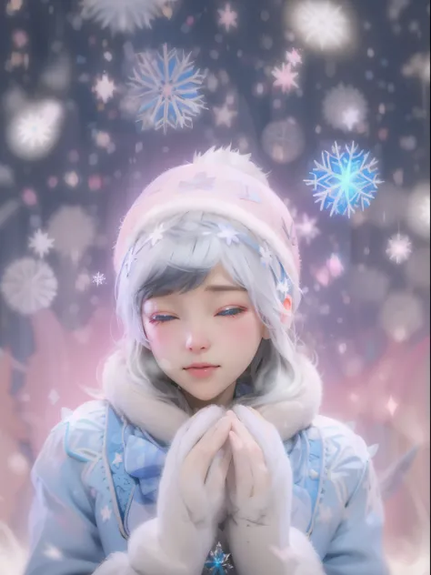 wearing a pink knitted hat，I pray：1.3，（White breath：1.3），（Cold look：1.3），Snowflakes and stars on pink and blue background, pastels, Tumbler, holography, light snowing, pastel faded effect, snowy background, light snowing, background is heavenly, Dancing sn...