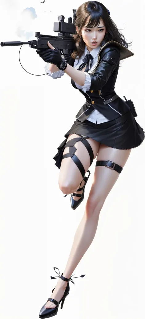 (Best quality at best,A high resolution),Detailed pubic hair, A woman in a short skirt posing with a gun, Black, New black, 2b, 2b, Neil: protagonist of automaton, angelic witch hunter, black and white photography, Yukari Yukari&#39;garments, Detailed pubi...