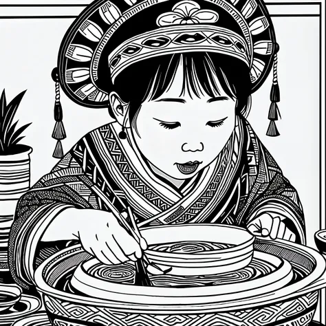 Traditional Miao women pattern black and white single upper body Miao headdress eating hot pot simple drawing