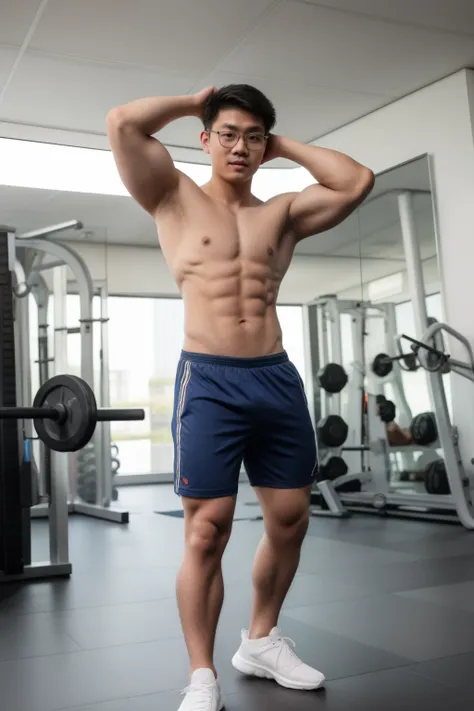 1man, full body shot, Andrew thomas huang, oval face, eyeglasses, neat muscular, shirtless, shorts, hands up, (dick bulge:0.3), gym background