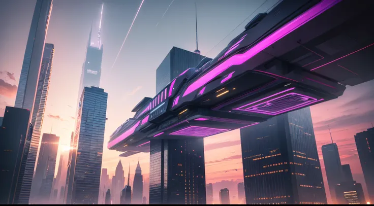 Style: Concept art. The scene: Futuristic cityscapes with towering skyscrapers and sleek aerodynamic vehicles speeding through the air. High-resolution OLED GUI interfaces in the building&#39;s windows are filled with transparent data visualization infogra...