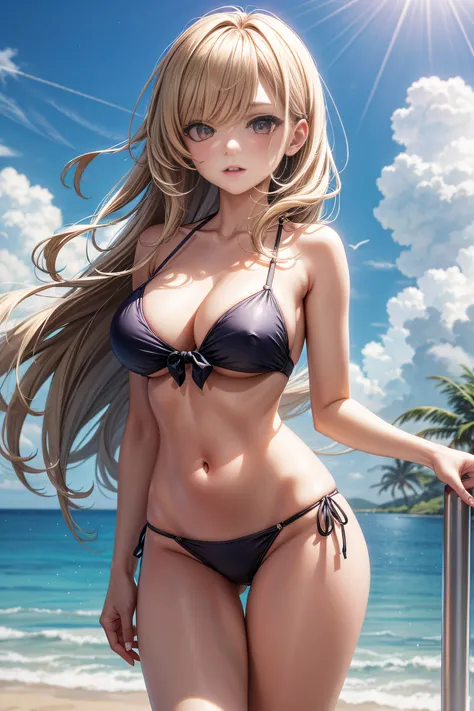 una chica en estilo anime con cabellera dorada, ojos azules en bikini