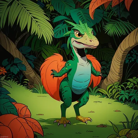 Kids illustration velociraptor in a jungle cartoon style thick lines low detail vivid colours