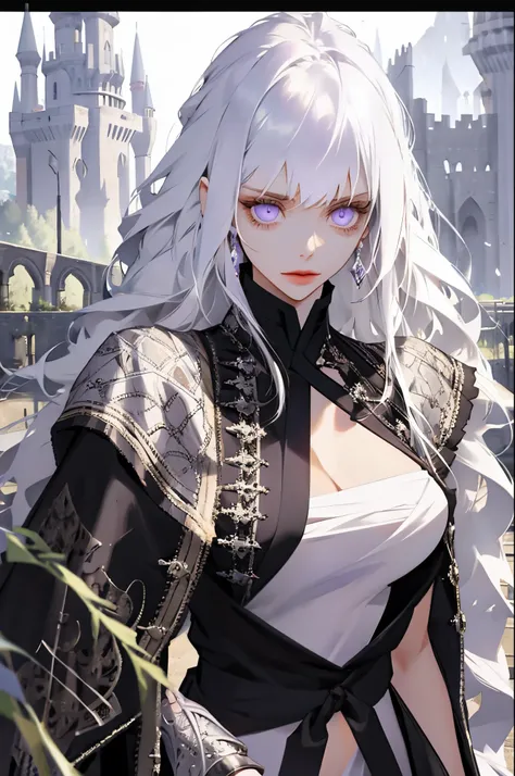 1 female,long white hair with bangs, amethyst eyes,beautiful,intelligent,slender body,calm,mastermind strategist ,wearing a black elegant dress,nprincess, medieval fantasy, castle background ,upper body, details