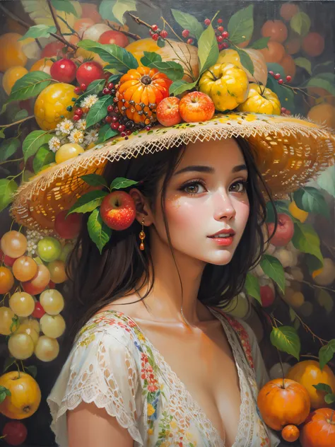 an oil painting，Beautiful girl wearing fruit flower hat, Guviz style artwork,，Artistic creativity:1.37