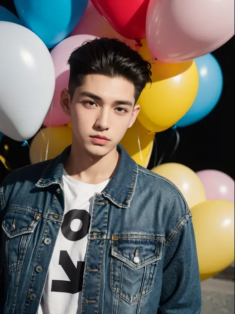 male, 20 year old boy, black eyes, slick back, denim jacket, half body photo, head facing the camera, colorful balloons in the background, street