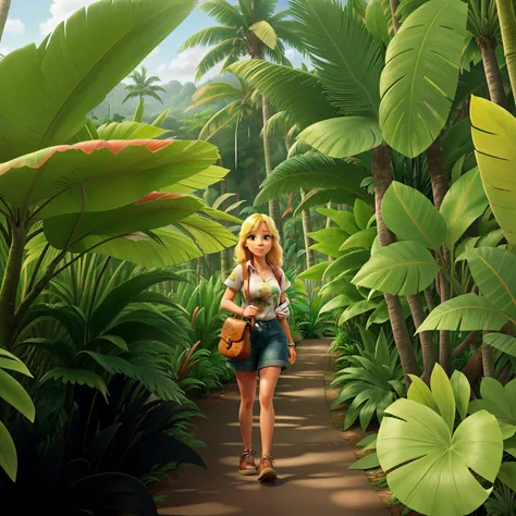 there is a woman walking down a path with a bag, walking through a lush jungle, lush surroundings, in a jungle environment, in a tropical forest, in a jungle, tropical vibe, covered in plants, in the jungle, in the background is lush jungle, tropical style...