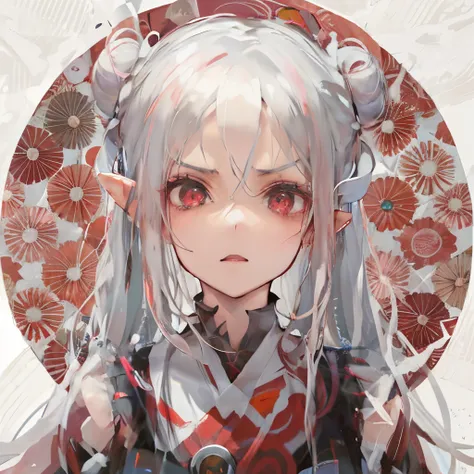 anime girl with long white hair parted in the middle, hair split in the middle with buns and pink eyes angry eyebrows elf ears, anime styled digital art, digital art on pixiv, digital anime art, detailed digital anime art, guweiz on pixiv artstation, guwei...