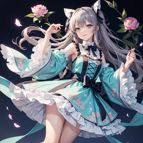 master piece , best quality，wallpaper 8k CG, hyper quality, the best ，1girl,solo，seductive smile,
wavy hair,
Clothes are flower hair ornaments,{{turquoise dress}}, gray shadow dress,wide sleeves,floral print sleeves,Gothic lolita,white skirt,layered skirt,...