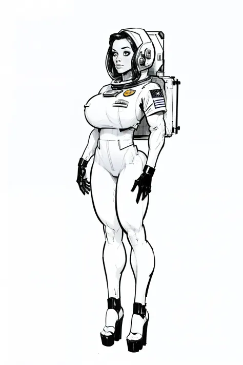 masterpiece, best quality, (detailed background),High contrast,astronaut,gigantic breasts, 1girl,full body, cowboy shot,(white background:1.5),clean lineart,