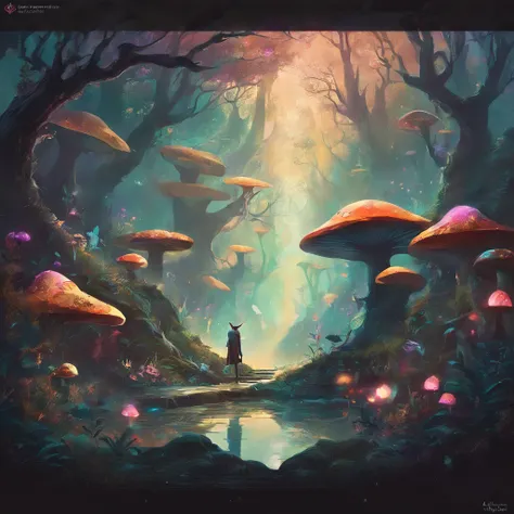 （Enchanted Forest 7，Magical creatures，（Glowing mushrooms），Sparkling waterfalls，Fantasy，Leonora Carrington，Forest of Illusions，Hazy perspective，The tree々Sunlight coming in from between，（Shining sika deer），Rich in color，assignment，光影效果，K HD，tmasterpiece，Deta...