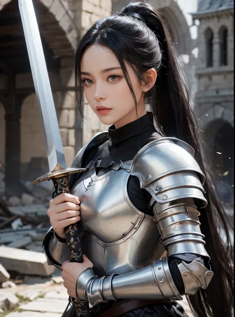 A beautiful woman with a long sword. Black hair. ponytail. Beautiful double eyes. The bridge of my nose. Well-shaped lips. She wears beautiful silver-white armor. She stands in a destroyed city in the style of medieval Europe.