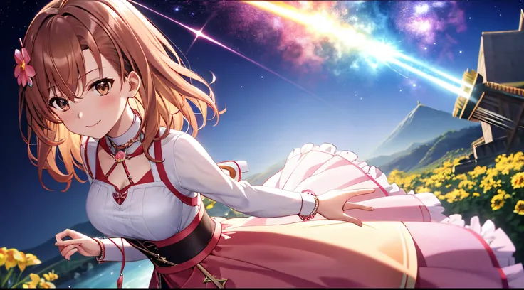 Anime view of Misaka mikoto, 1girl, teen girl, kawaii, solo, chestnut hair, hairpin,brown eyes, standing, looking at viewer,smile,knight armor,praying beads on neck, long skirt,flower fields in greek Acropolis waterfalls,night sky nebulae,anime style,deep ...