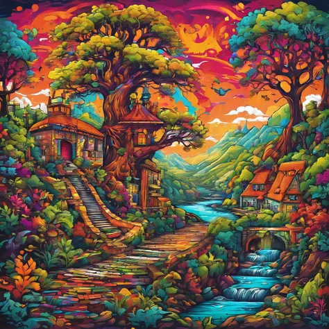 Rich in color，Dream colors，wall-paper，dark color，A towering tree，rivers