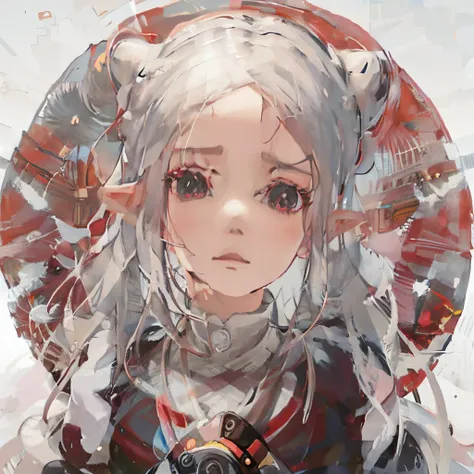 anime girl with long white hair parted in the middle, hair split in the middle with buns and pink eyes angry eyebrows elf ears, anime styled digital art, digital art on pixiv, digital anime art, detailed digital anime art, guweiz on pixiv artstation, guwei...