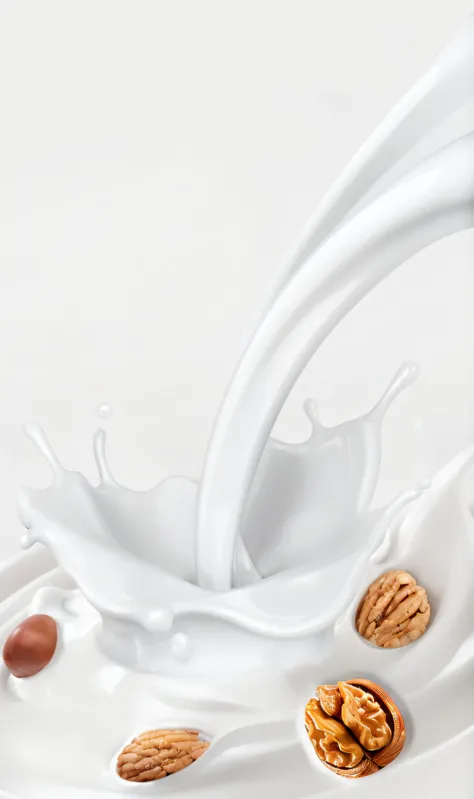 Araf pours milk into bowl with nuts and almonds, flowing milk, puddle of milk, latte, sea of milk, milk dripping, high quality topical render, Milk bath effect, top milk brands, Knocked milk, Hyper-realistic illustration, photorealistic illustration, Clean...